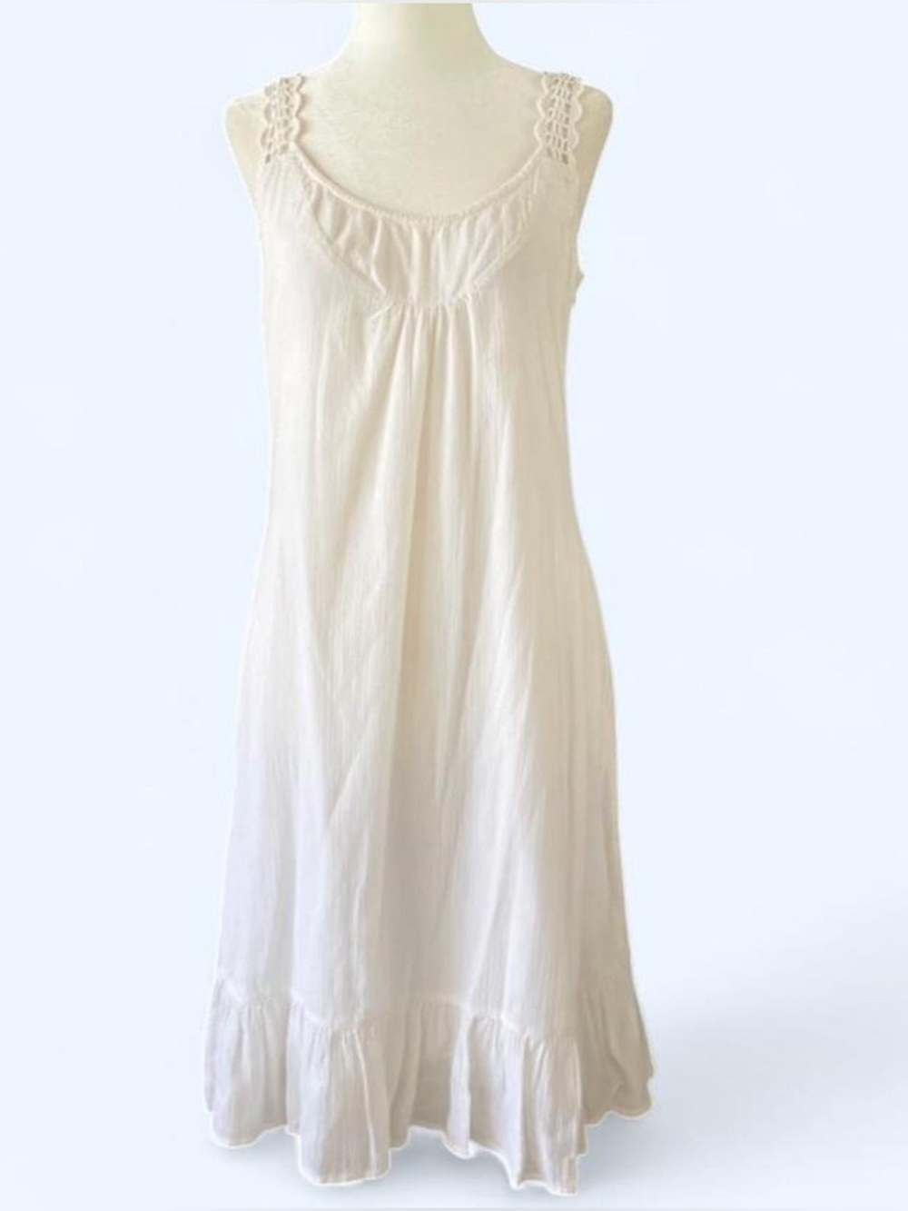 Vintage White Crochet Slip Dress Cottagecore Boho Coastal Ruffle Trim Cotton